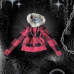 Vintage Y2k American Eagle Sherpa Lined Plaid Zip-Up Hoodie Size Large